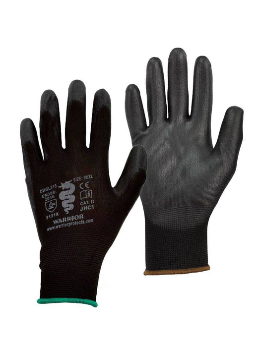 Warrior PU Coated Black Polyester Gloves - Pack of 12 - Various Sizes